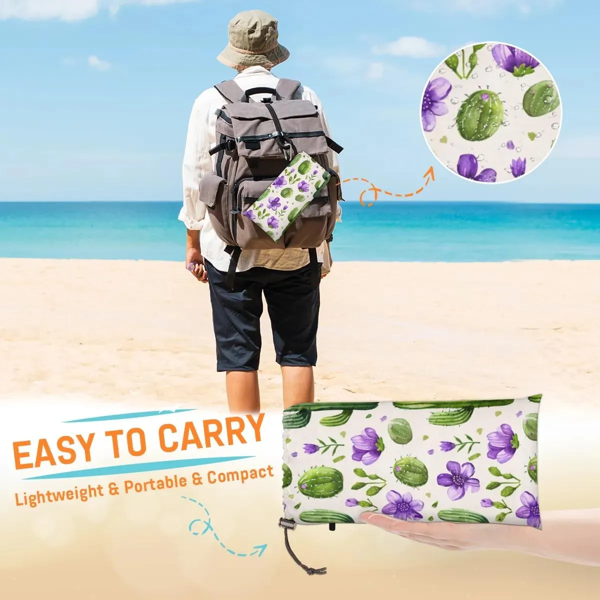 Various Cactus Beach Blanket, Sandproof Beach Mat, Adults Waterproof Quick Drying Sand Free Mat with 4 x Ground Spikes for Outdoor Travel Camping Hiking, Watercolor Cactus