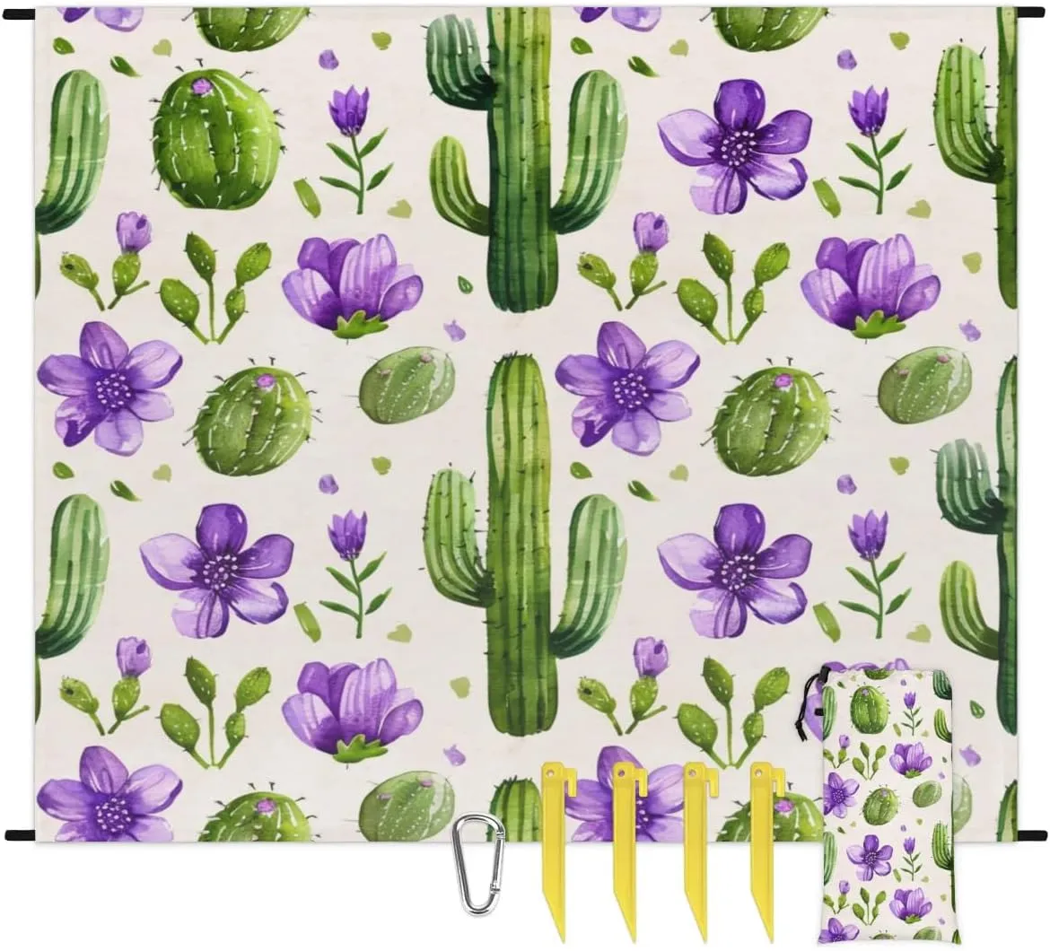 Various Cactus Beach Blanket, Sandproof Beach Mat, Adults Waterproof Quick Drying Sand Free Mat with 4 x Ground Spikes for Outdoor Travel Camping Hiking, Watercolor Cactus