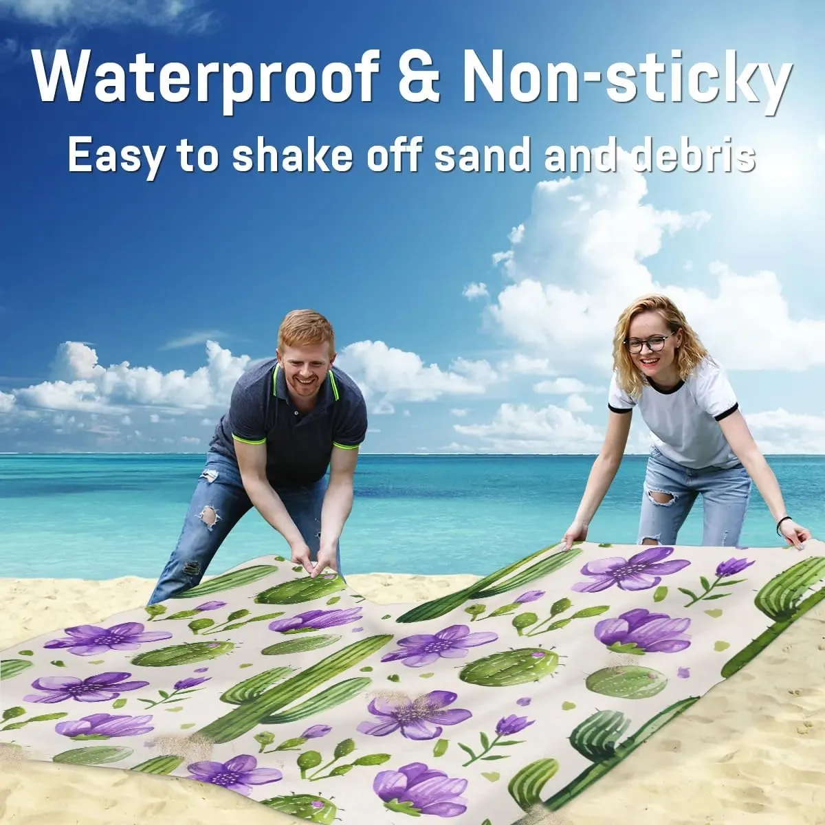 Various Cactus Beach Blanket, Sandproof Beach Mat, Adults Waterproof Quick Drying Sand Free Mat with 4 x Ground Spikes for Outdoor Travel Camping Hiking, Watercolor Cactus