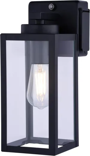 VAXCEL Lombard 1 Light Dusk to Dawn Black Contemporary Outdoor Wall Lantern with Clear Glass Shade and Integrated GFCI Outlet for Outdoor Power Convenience