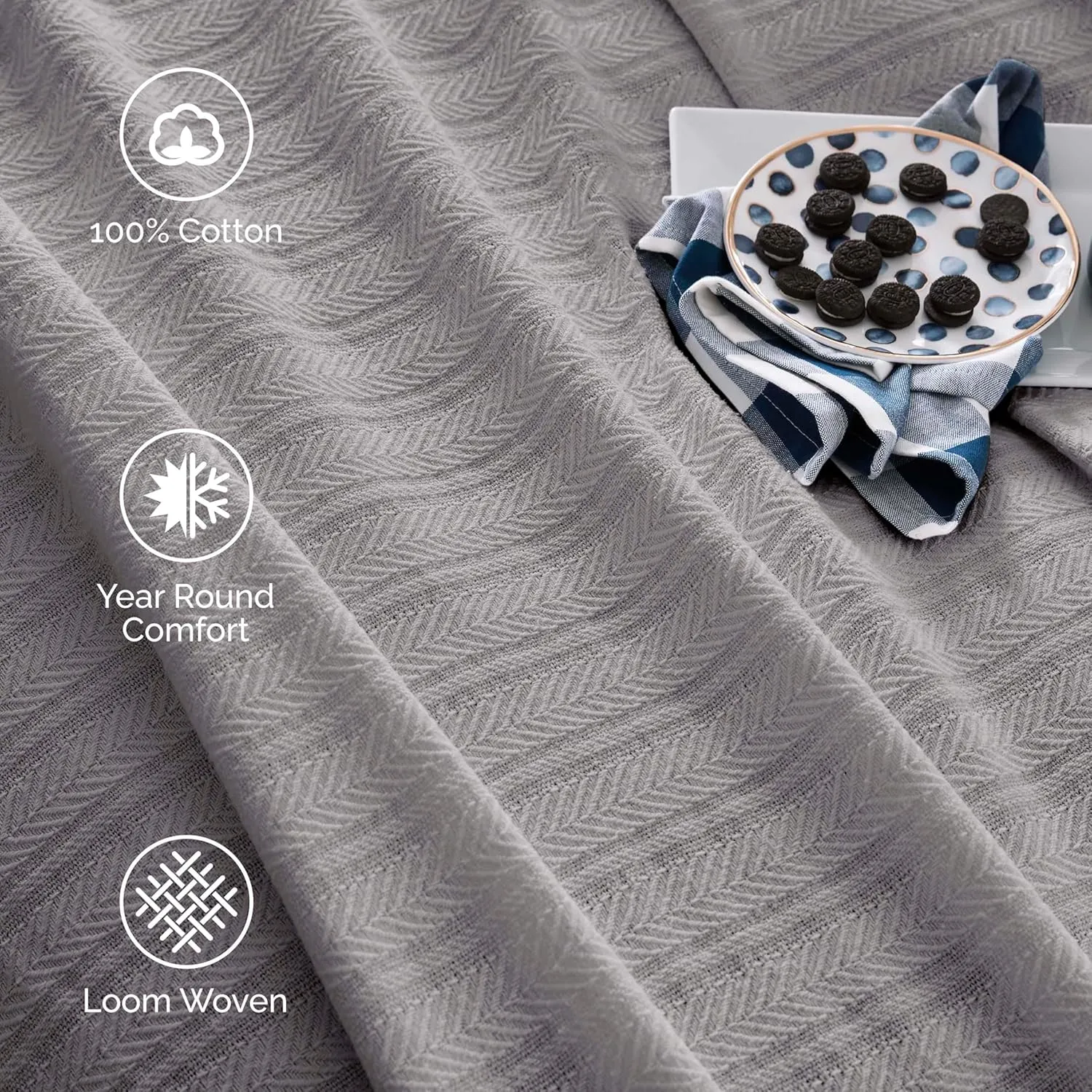 Vellux 100% Cotton Blanket - Soft, Breathable, Cozy & Lightweight Thermal Blanket All-Season Twin Size Perfect for Layering Bed, Couch & Sofa - Hotel Quality (66 x 90 Inch, Grey)