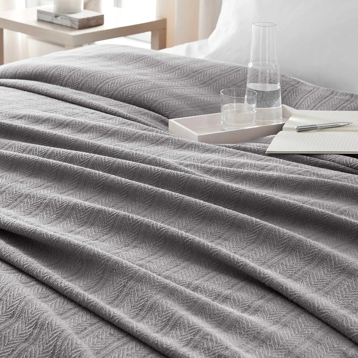 Vellux 100% Cotton Blanket - Soft, Breathable, Cozy & Lightweight Thermal Blanket All-Season Twin Size Perfect for Layering Bed, Couch & Sofa - Hotel Quality (66 x 90 Inch, Grey)