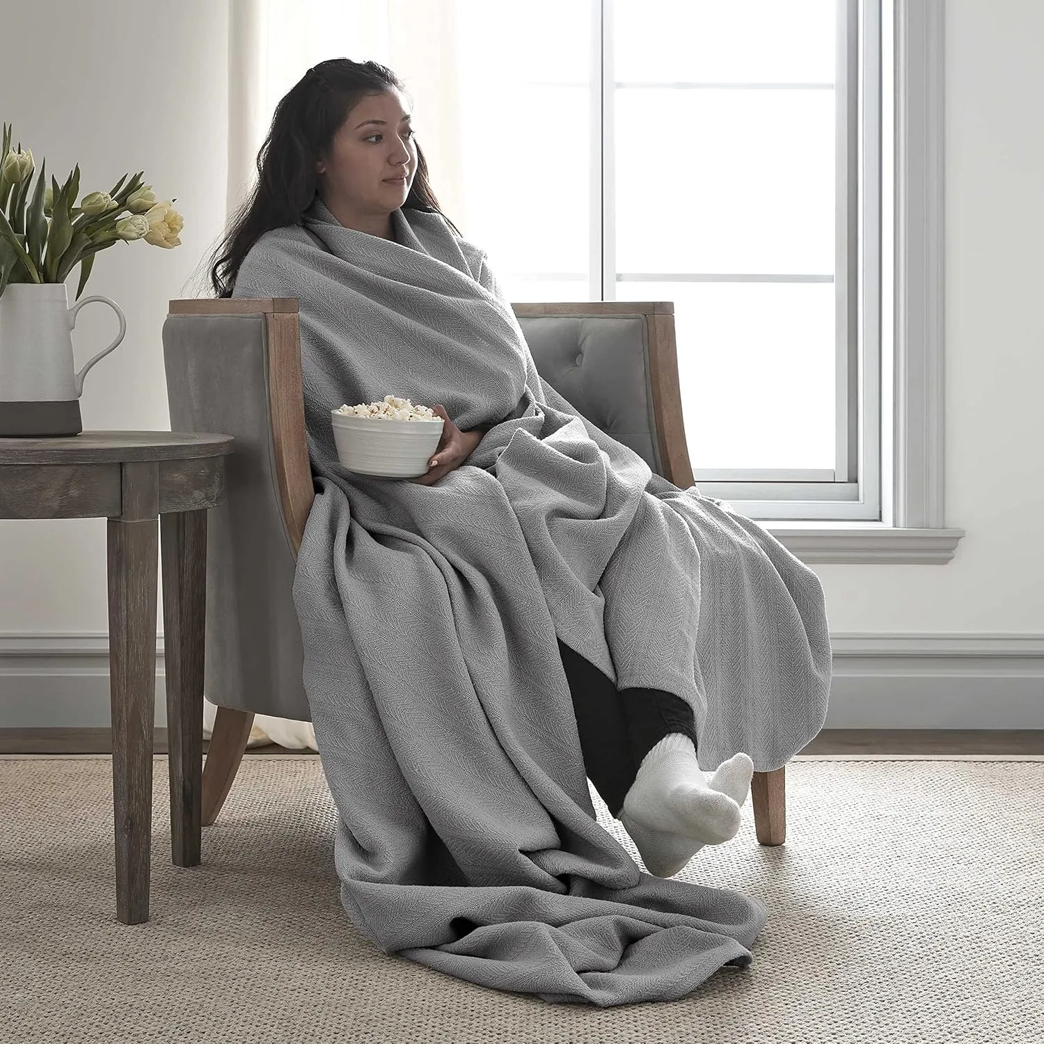 Vellux 100% Cotton Blanket - Soft, Breathable, Cozy & Lightweight Thermal Blanket All-Season Twin Size Perfect for Layering Bed, Couch & Sofa - Hotel Quality (66 x 90 Inch, Grey)