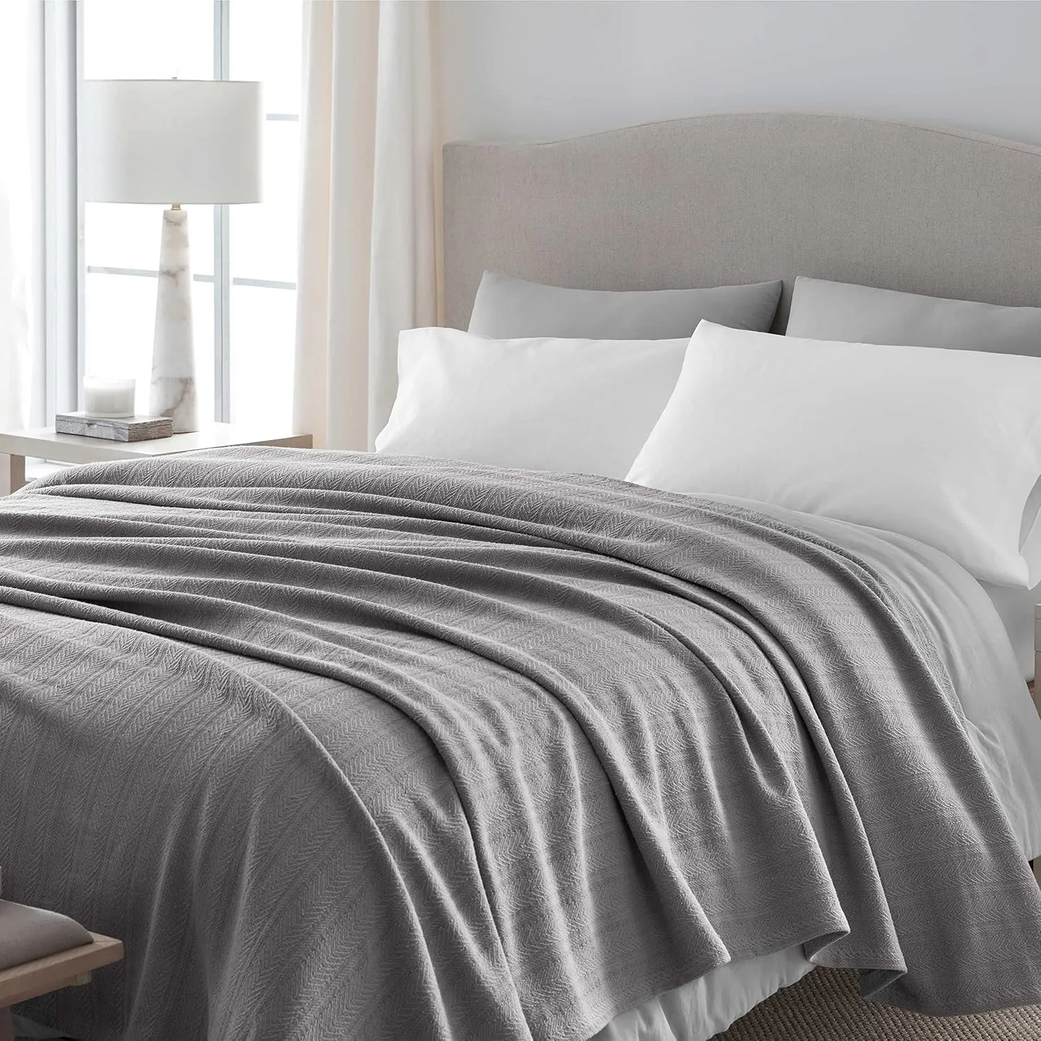 Vellux 100% Cotton Blanket - Soft, Breathable, Cozy & Lightweight Thermal Blanket All-Season Twin Size Perfect for Layering Bed, Couch & Sofa - Hotel Quality (66 x 90 Inch, Grey)
