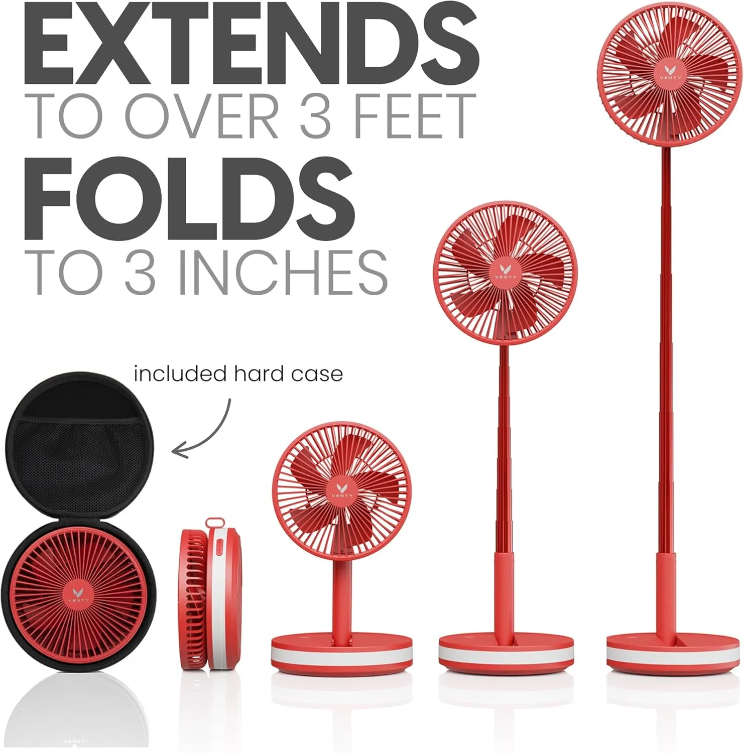 VENTY Portable Fan - Wireless Battery Operated Fan - 4 Speeds - LED Lighting - Carry Case & Remote Control - Cruise Travel - Outdoor Travel RV Power Bank With USB-C Port (Red with Case)
