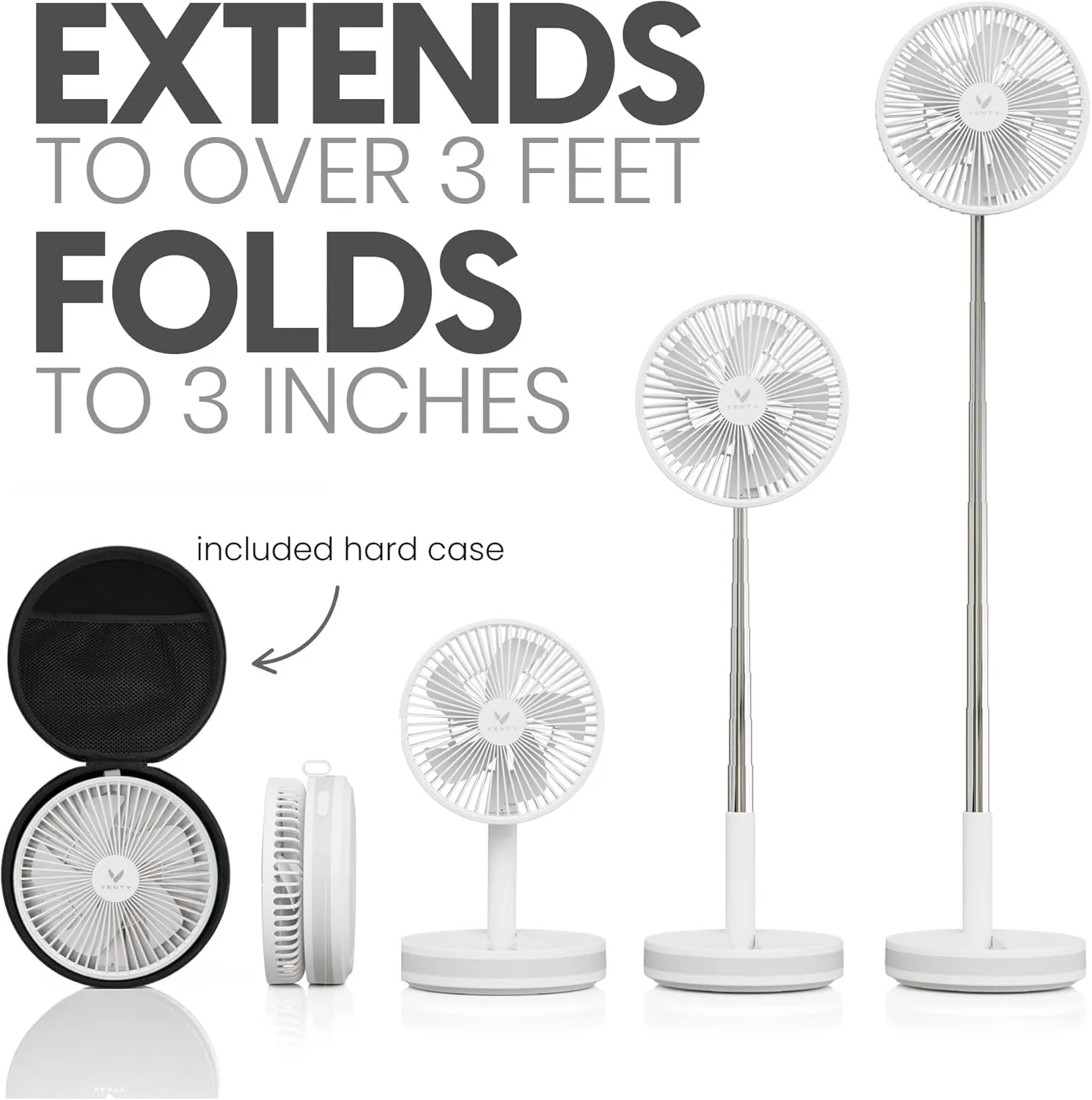 VENTY Portable Fan - Wireless Battery Operated Fan - 4 Speeds - LED Lighting - Carry Case & Remote Control - Cruise Travel - Outdoor Travel RV Power Bank With USB-C Port (White with Case)