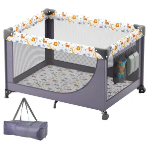 VEVOR Baby Travel Crib and Play Yard, Folding Baby Playpen with Soft Mattress Pad, Portable Toddlers Crib with Breathable Mesh and Travel Bag, Indoor/Outdoor Kid Activity Center for 0-36 Months Babies
