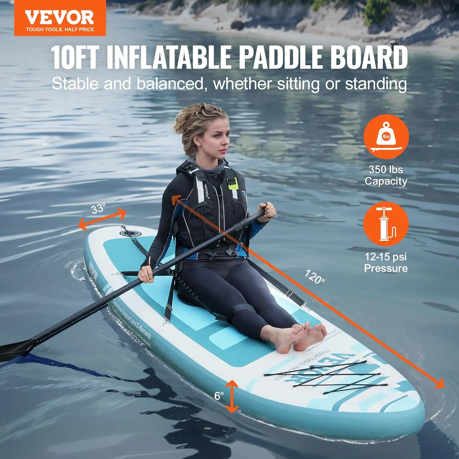 VEVOR Inflatable Stand Up Paddle Board, with Board Accessories, Pump, Paddle, Fin, Phone Bag, Backpack, Ankle Leash, Repair Kit, Non-Slip Deck for Youth & Adults
