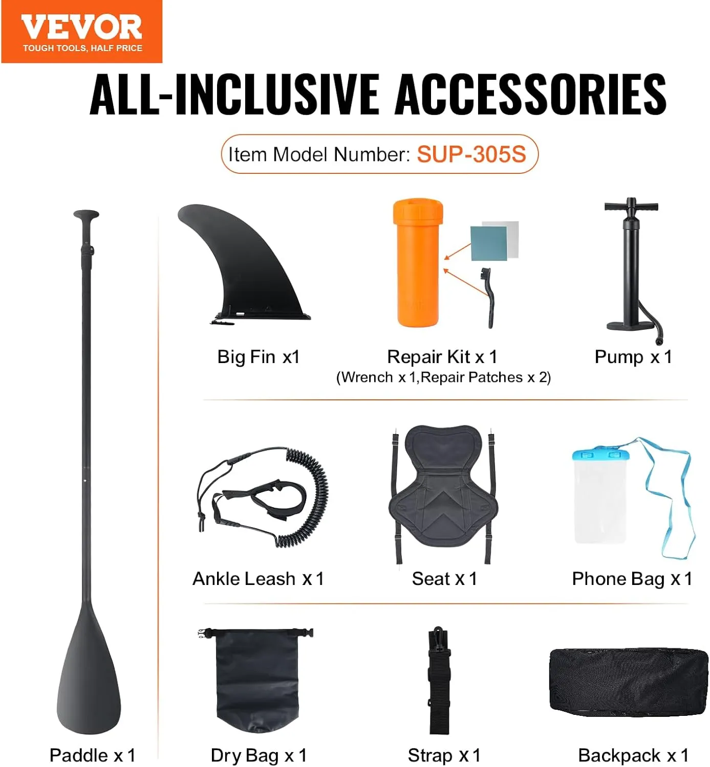 VEVOR Inflatable Stand Up Paddle Board, with Board Accessories, Pump, Paddle, Fin, Phone Bag, Backpack, Ankle Leash, Repair Kit, Non-Slip Deck for Youth & Adults