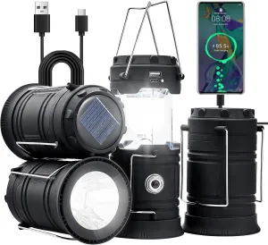 VEVOR LED Camping Lanterns, 4 Pack Rechargeable Camping Flashlights, Solar & USB Charging, Portable Collapsible, Bulit to Last Lights, As Power Bank, for Hiking, Hurricane Emergency, Outrages, Fishing