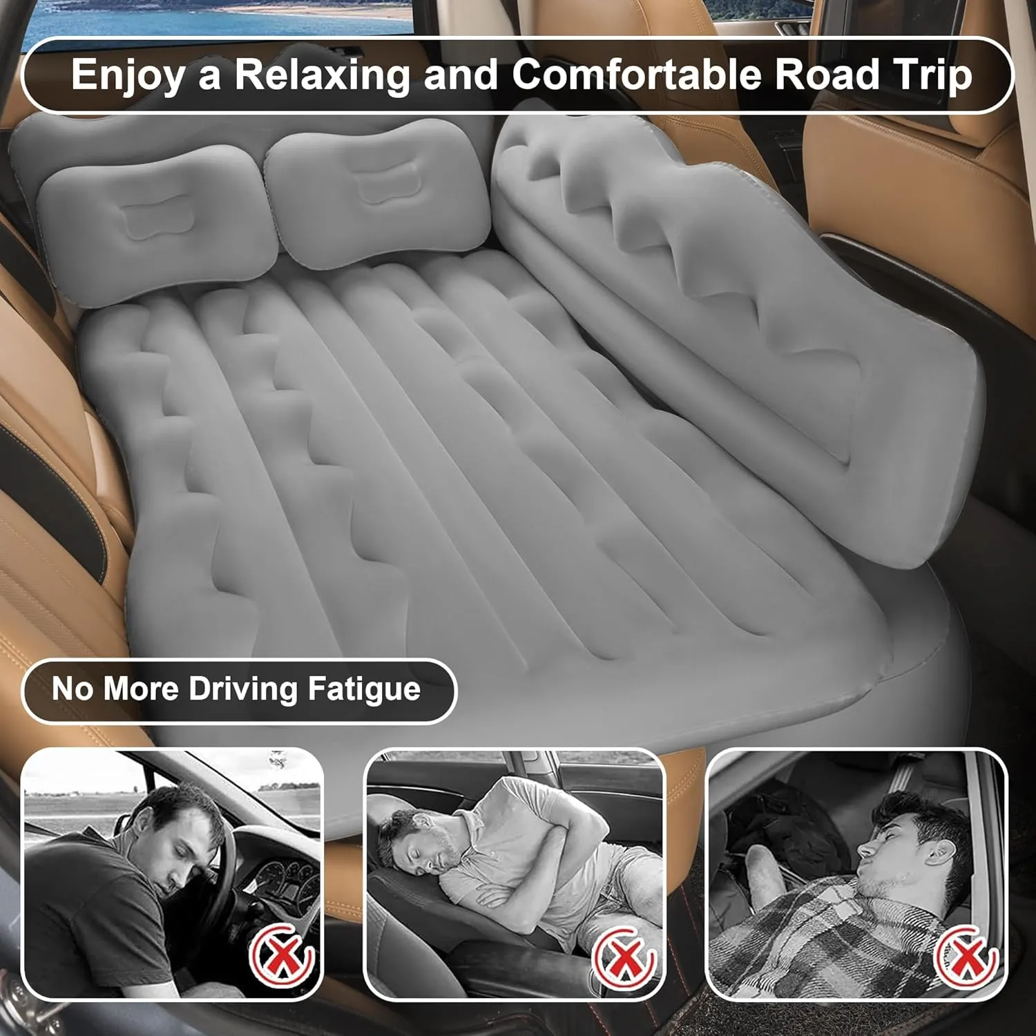Vextone Inflatable Air Mattress Rear Back Seat Car Bed - PVC Thickened Travel Camping Air Mattress for SUV Cars, Gray Sleeping Car Mattress - Universal Fit, with Pillows, Piers, Repair Pad