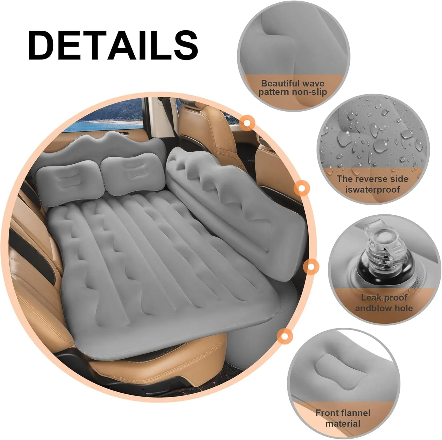 Vextone Inflatable Air Mattress Rear Back Seat Car Bed - PVC Thickened Travel Camping Air Mattress for SUV Cars, Gray Sleeping Car Mattress - Universal Fit, with Pillows, Piers, Repair Pad