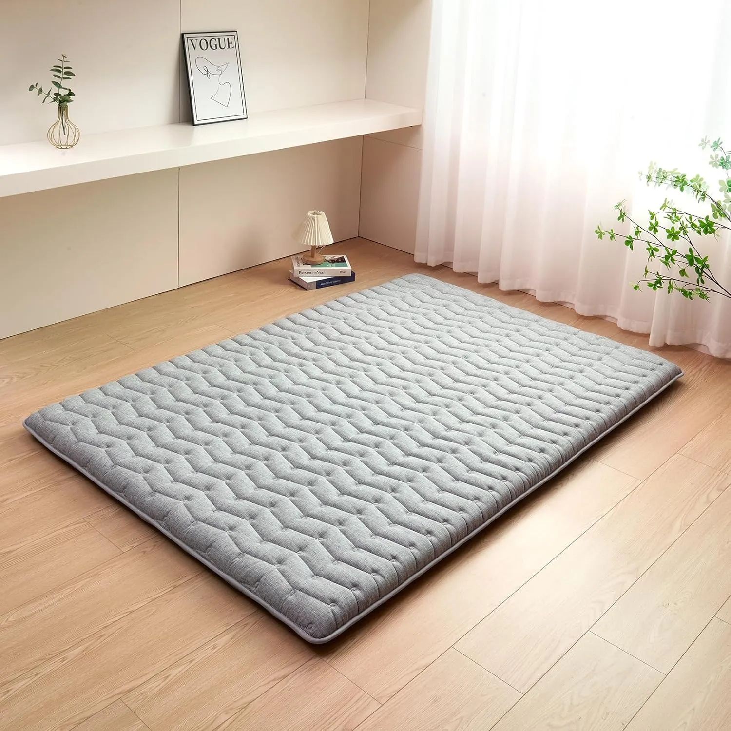 Vibe bear Premium 3.5" Thick Japanese Futon Floor Mattress - Queen Size 60"x80" - 100% High-Density Foam,Foldable Floor Mattress,Comfortable Tatami Mat for Dorm,Bedroom,or Guest Room(Hemp Gray)