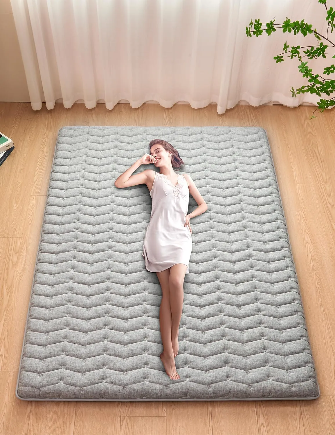Vibe bear Premium 3.5" Thick Japanese Futon Floor Mattress - Queen Size 60"x80" - 100% High-Density Foam,Foldable Floor Mattress,Comfortable Tatami Mat for Dorm,Bedroom,or Guest Room(Hemp Gray)