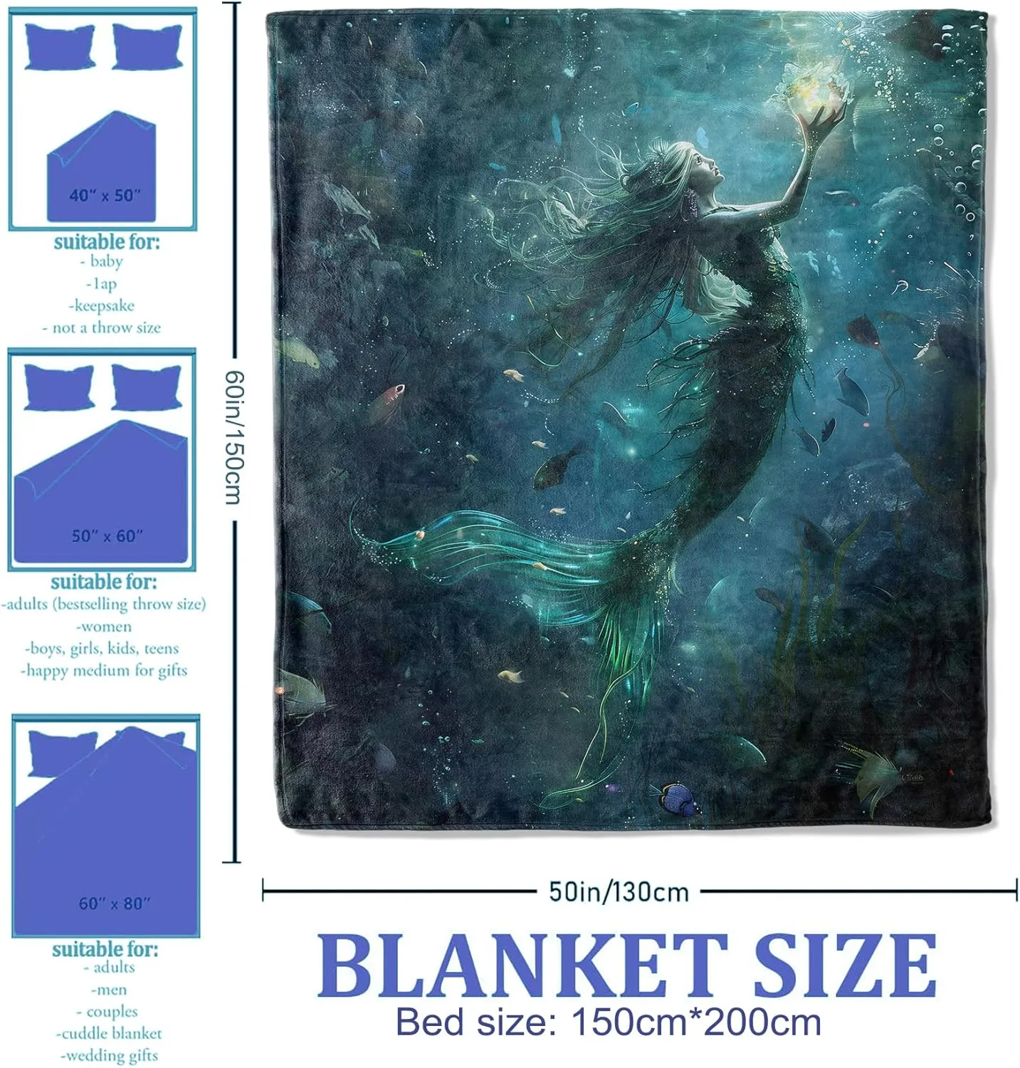 Vibrant Mermaid Throw Blanket 60"x80", Oceanic Fantasy Theme Blankets for Living Room Couch, Home Decor, Soft Flannel Mermaid Gifts for Adults and Women