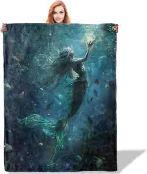 Vibrant Mermaid Throw Blanket 60"x80", Oceanic Fantasy Theme Blankets for Living Room Couch, Home Decor, Soft Flannel Mermaid Gifts for Adults and Women