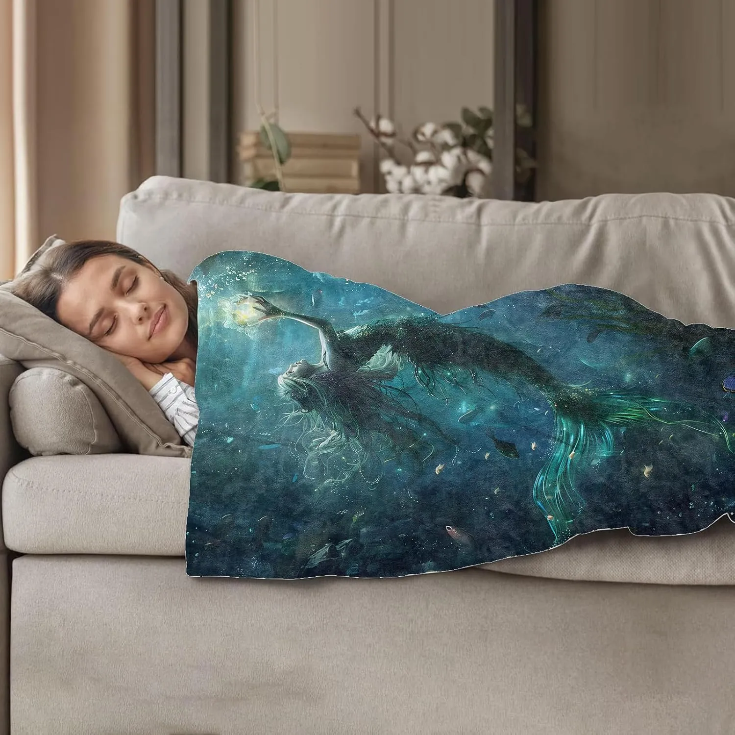 Vibrant Mermaid Throw Blanket 60"x80", Oceanic Fantasy Theme Blankets for Living Room Couch, Home Decor, Soft Flannel Mermaid Gifts for Adults and Women