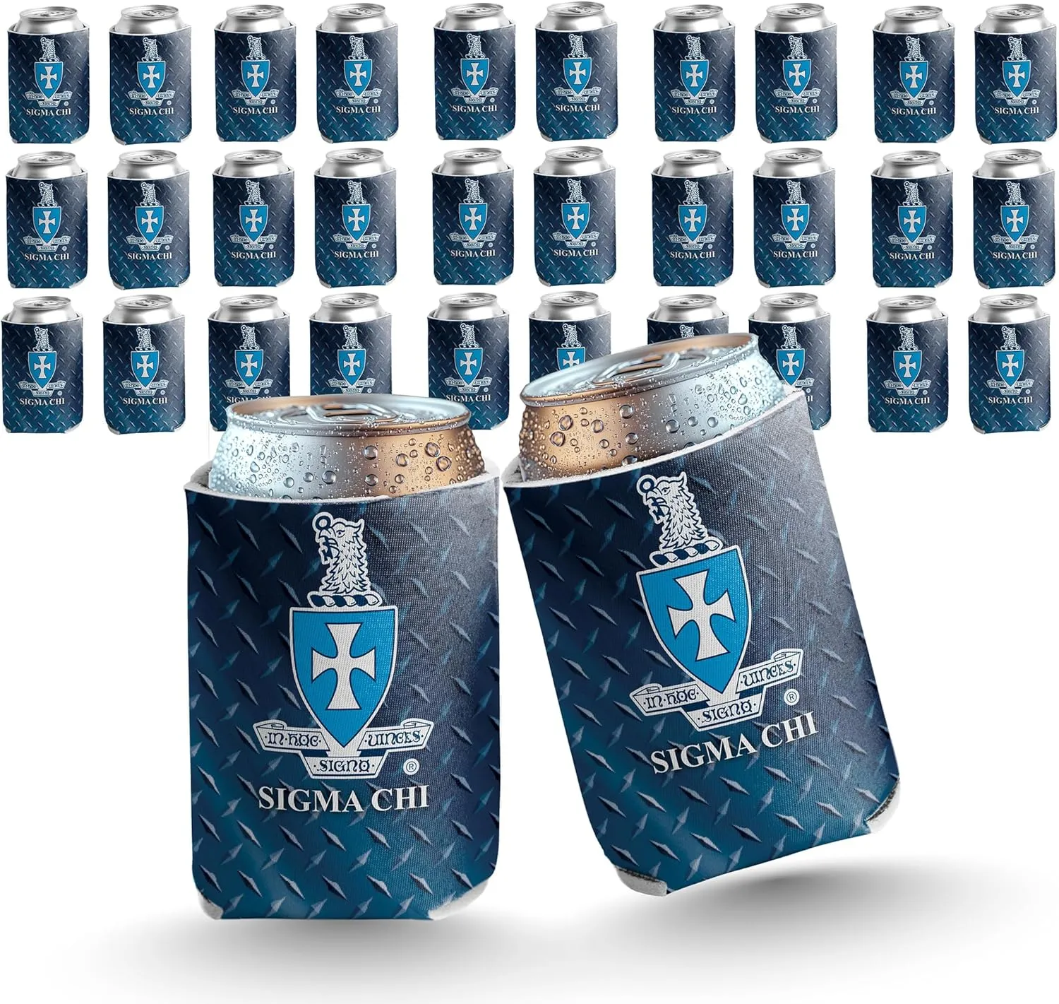 VictoryStore Sigma Chi Can Coolers – Set of 12 Beverage Sleeves – Diamond Plate Design – Full-Color, Foldable, Insulated Coolies – Fits 12–16 oz Cans & Bottles – Greek Life Party Favors