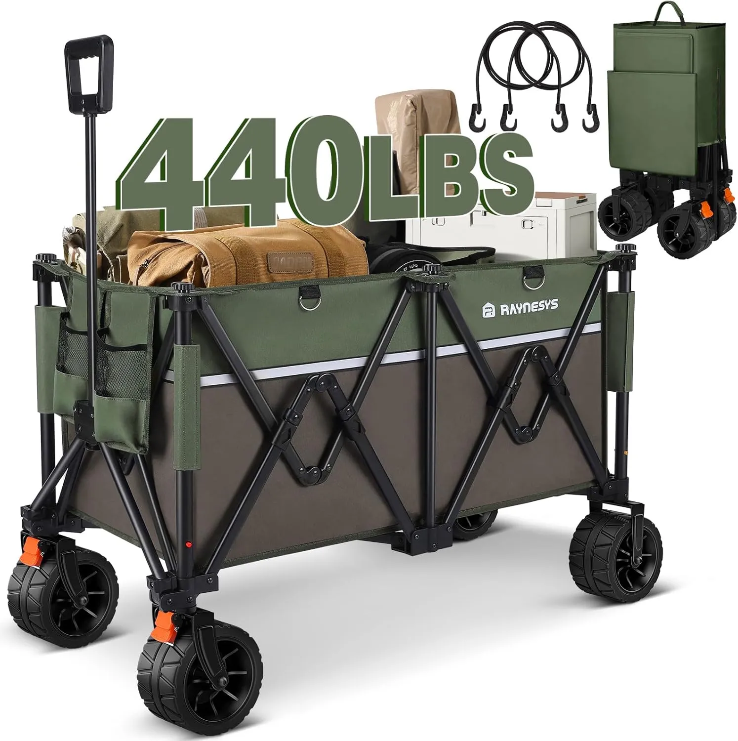 Wagons Carts 440 lbs Foldable Beach Cart with Big Wheel for Sand, Heavy Duty 200L Capacity Collapsible Wagon for Camping, Sports, Shopping, Army Green   Brown