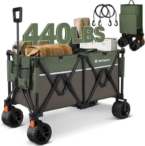 Wagons Carts 440 lbs Foldable Beach Cart with Big Wheel for Sand, Heavy Duty 200L Capacity Collapsible Wagon for Camping, Sports, Shopping, Army Green   Brown