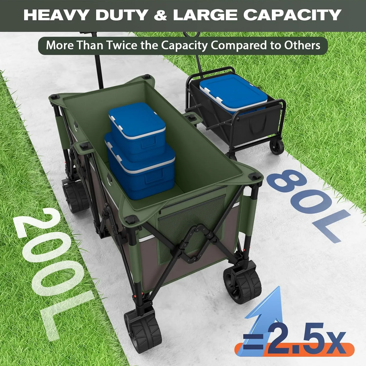 Wagons Carts 440 lbs Foldable Beach Cart with Big Wheel for Sand, Heavy Duty 200L Capacity Collapsible Wagon for Camping, Sports, Shopping, Army Green   Brown