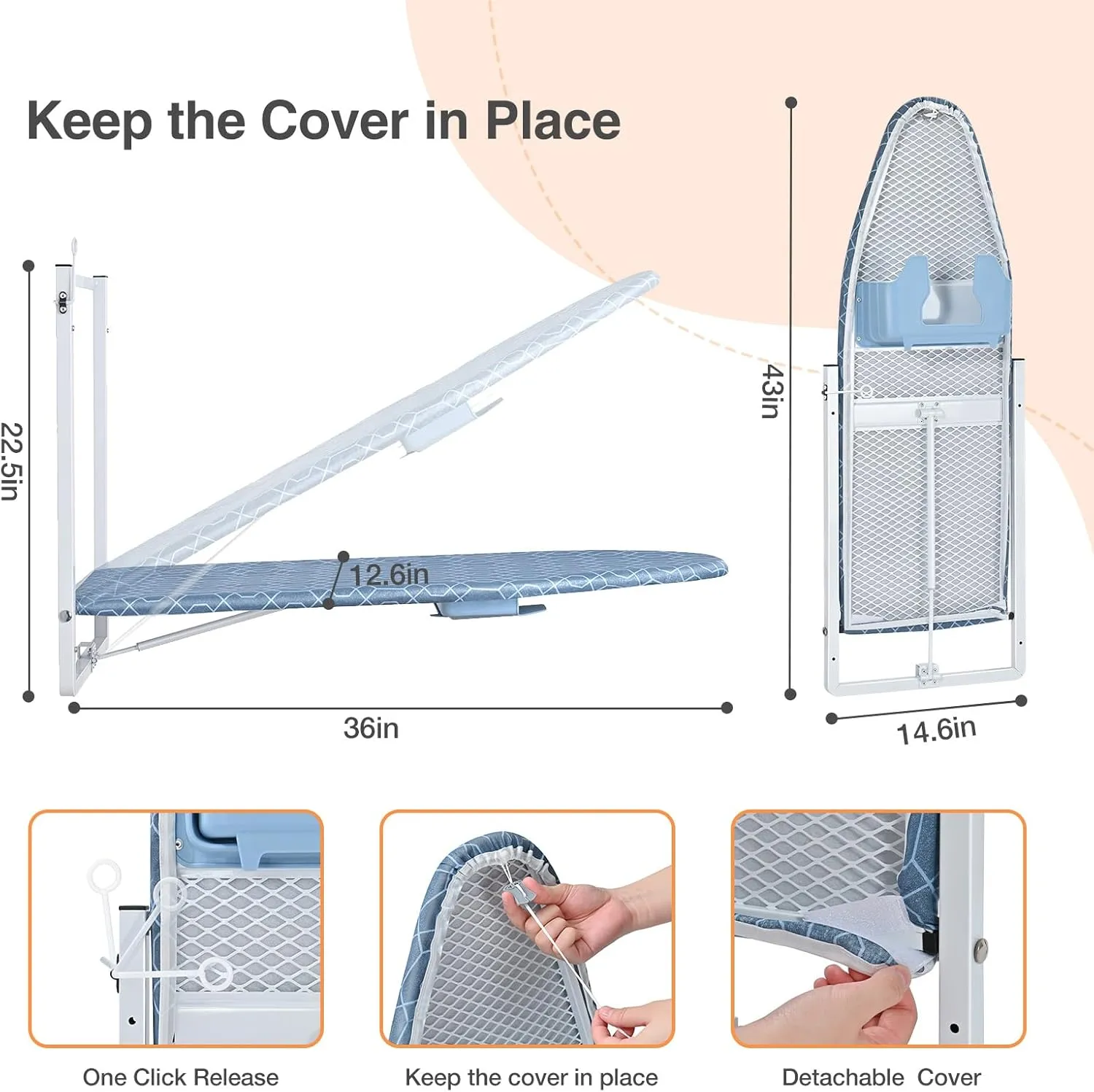 Wall Mounted Ironing Board with Iron Holder, Compact Ironing Board for Small Spaces, Foldable Iron Stand Heat Resistant Cover, 36" X 12" Deep Blue