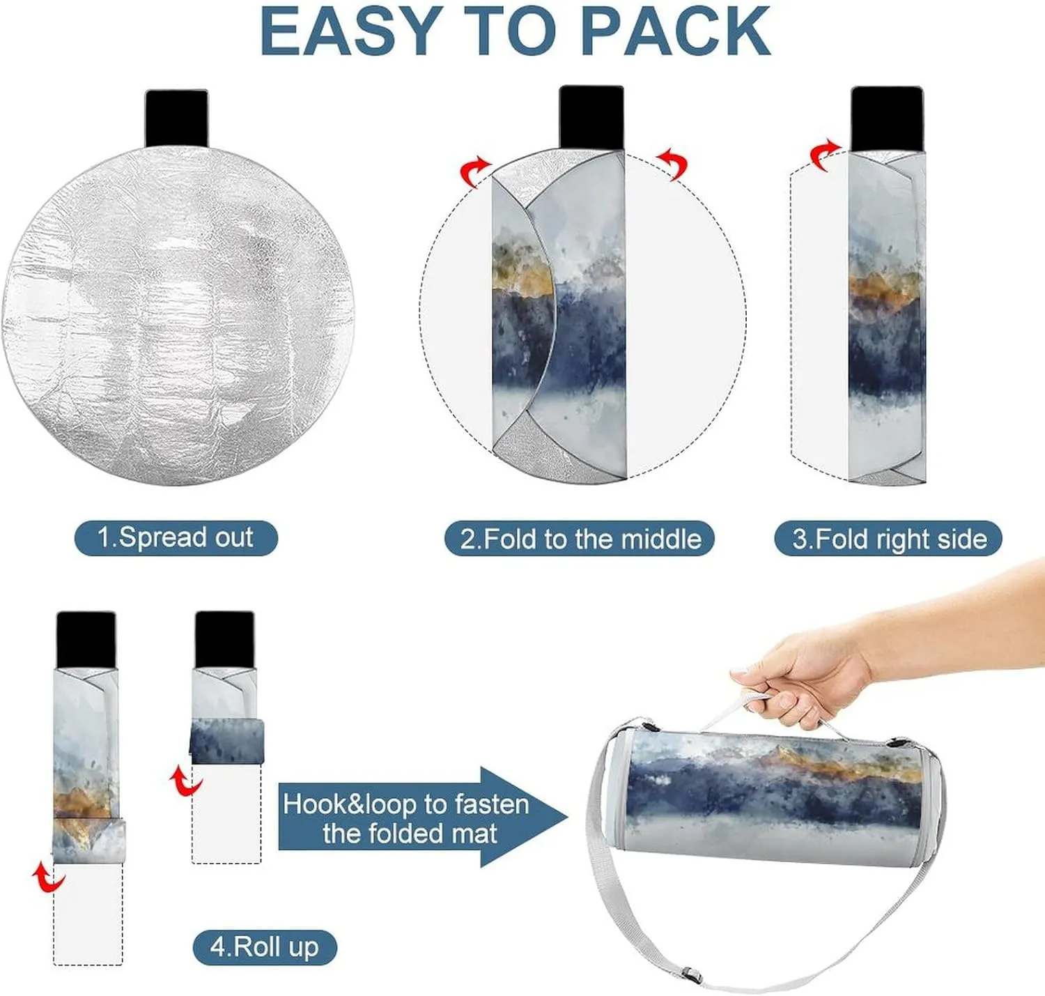 Watercolor Abstract Mountain Range Round Picnic Blanket with Carry Strap Foldable Portable 3-Layer Waterproof Beach Blanket for Outdoor Camping Summer Beach Mat 60 Inchs Diameter