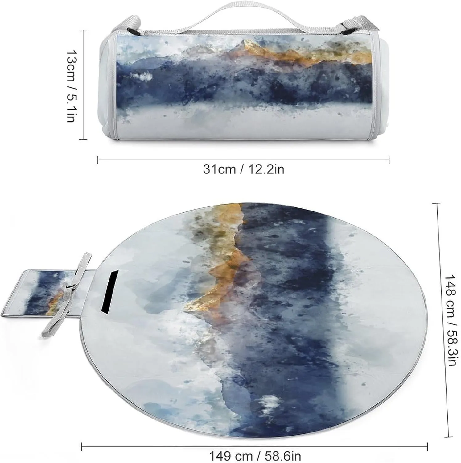 Watercolor Abstract Mountain Range Round Picnic Blanket with Carry Strap Foldable Portable 3-Layer Waterproof Beach Blanket for Outdoor Camping Summer Beach Mat 60 Inchs Diameter
