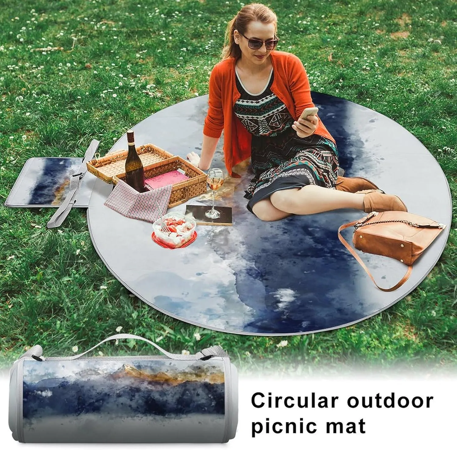 Watercolor Abstract Mountain Range Round Picnic Blanket with Carry Strap Foldable Portable 3-Layer Waterproof Beach Blanket for Outdoor Camping Summer Beach Mat 60 Inchs Diameter