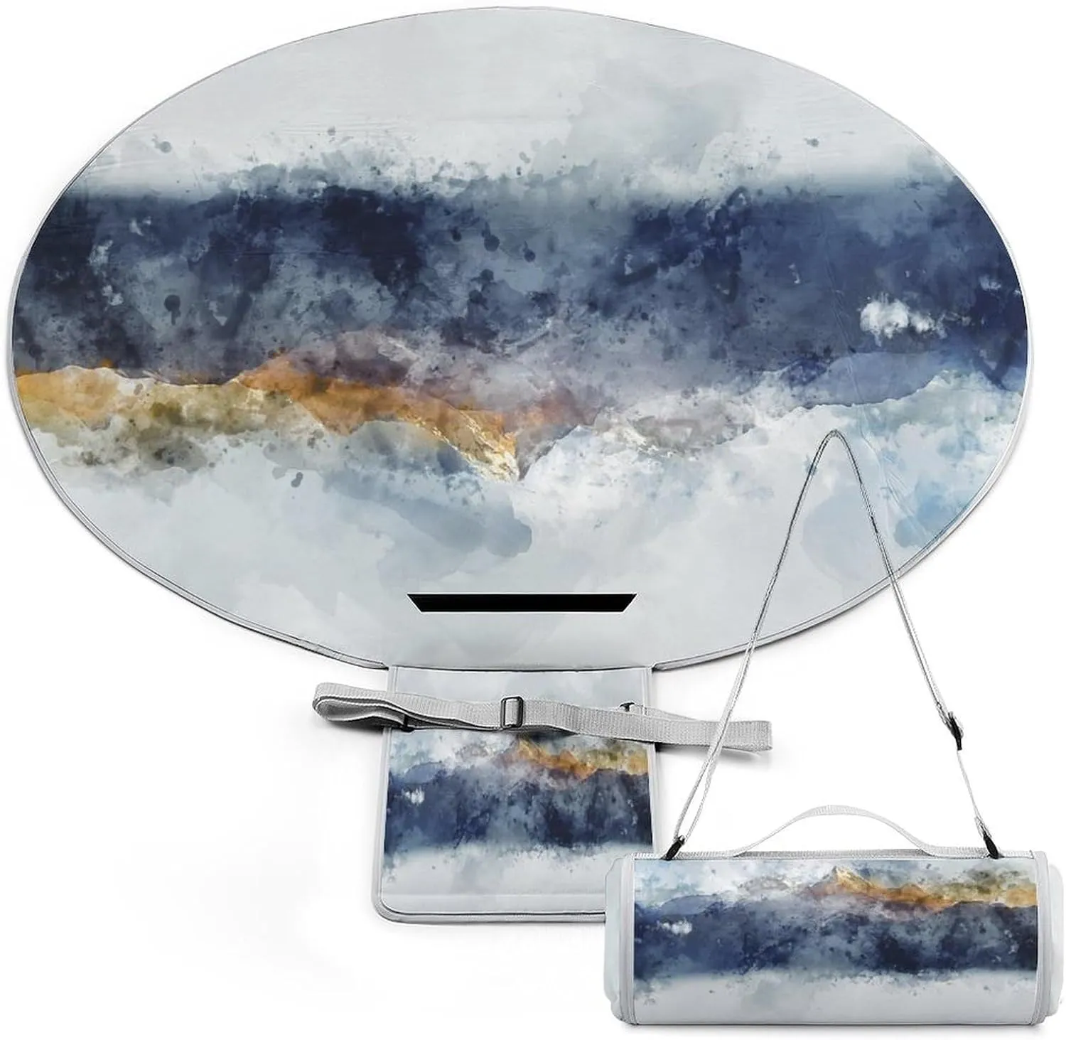 Watercolor Abstract Mountain Range Round Picnic Blanket with Carry Strap Foldable Portable 3-Layer Waterproof Beach Blanket for Outdoor Camping Summer Beach Mat 60 Inchs Diameter