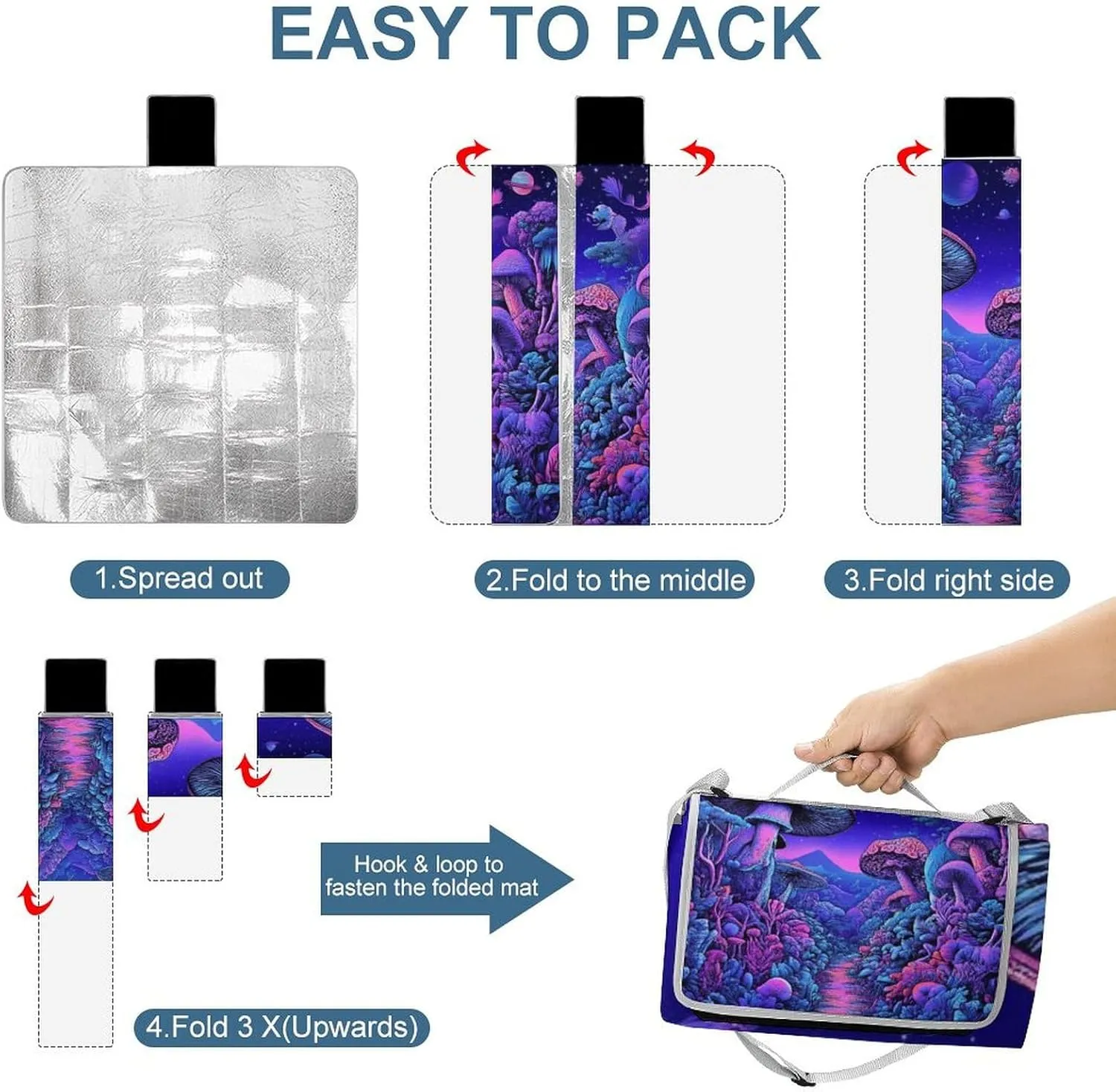 Waterproof Magic Mushroom Mushrooms Scenery Picnic Blanket with Strap, Foldable and Portable Mat for Indoor Family, Beach, Park, Travel, Camping