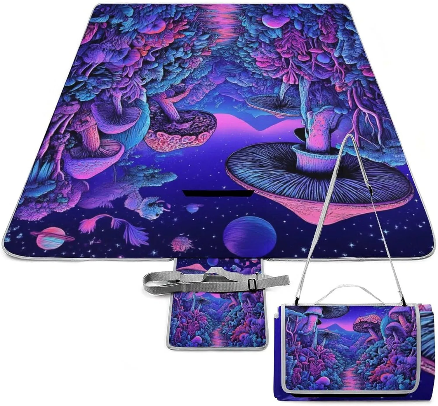 Waterproof Magic Mushroom Mushrooms Scenery Picnic Blanket with Strap, Foldable and Portable Mat for Indoor Family, Beach, Park, Travel, Camping