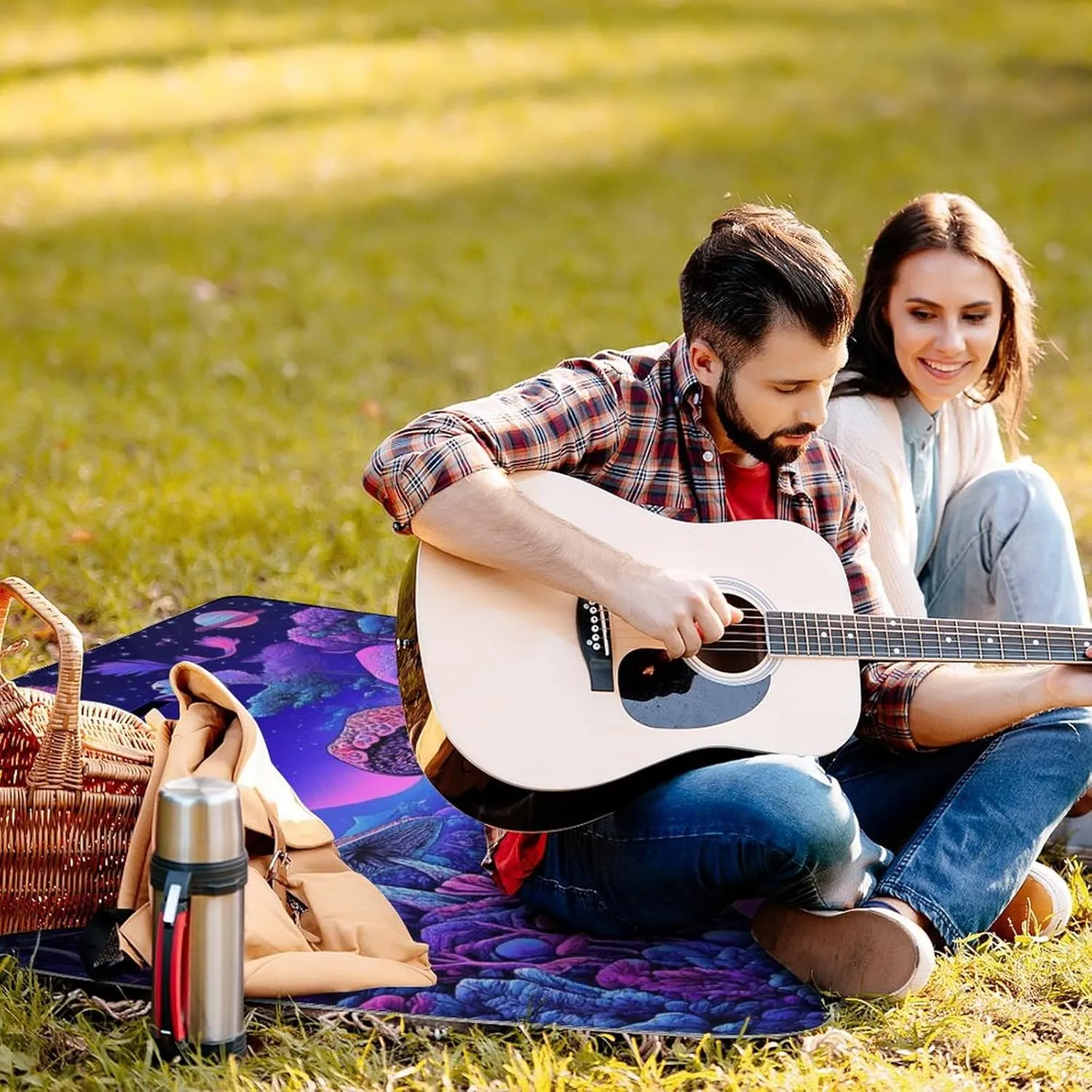 Waterproof Magic Mushroom Mushrooms Scenery Picnic Blanket with Strap, Foldable and Portable Mat for Indoor Family, Beach, Park, Travel, Camping