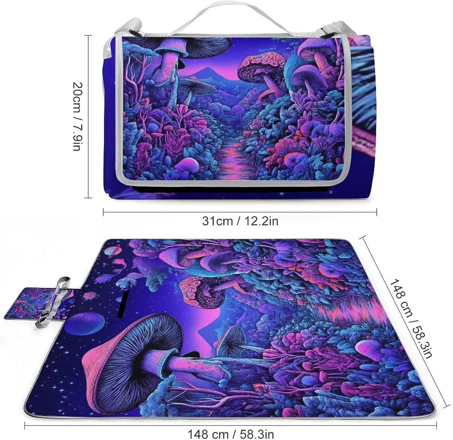 Waterproof Magic Mushroom Mushrooms Scenery Picnic Blanket with Strap, Foldable and Portable Mat for Indoor Family, Beach, Park, Travel, Camping