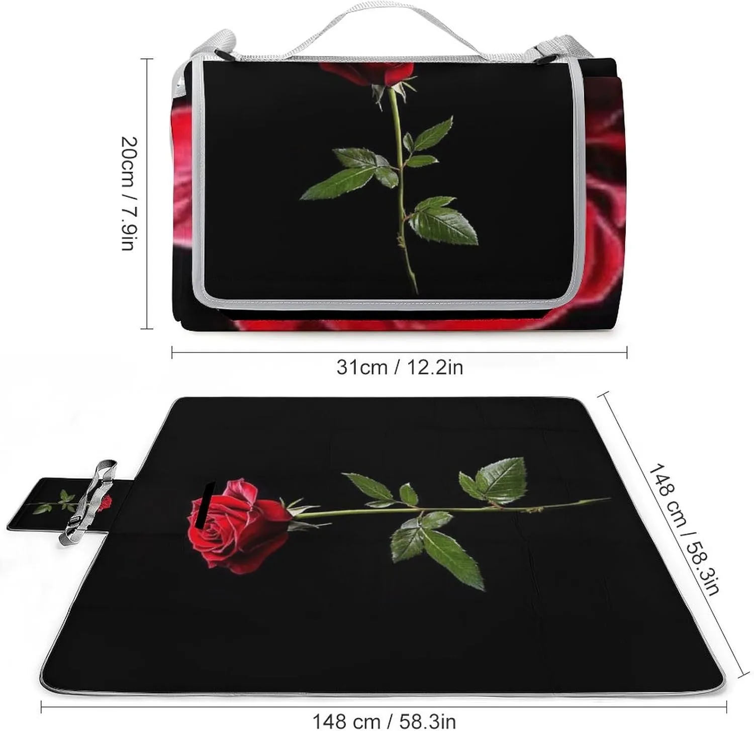 Waterproof Red Rose Flower Black Picnic Blanket with Strap, Foldable and Portable Mat for Indoor Family, Beach, Park, Travel, Camping