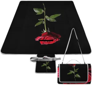 Waterproof Red Rose Flower Black Picnic Blanket with Strap, Foldable and Portable Mat for Indoor Family, Beach, Park, Travel, Camping