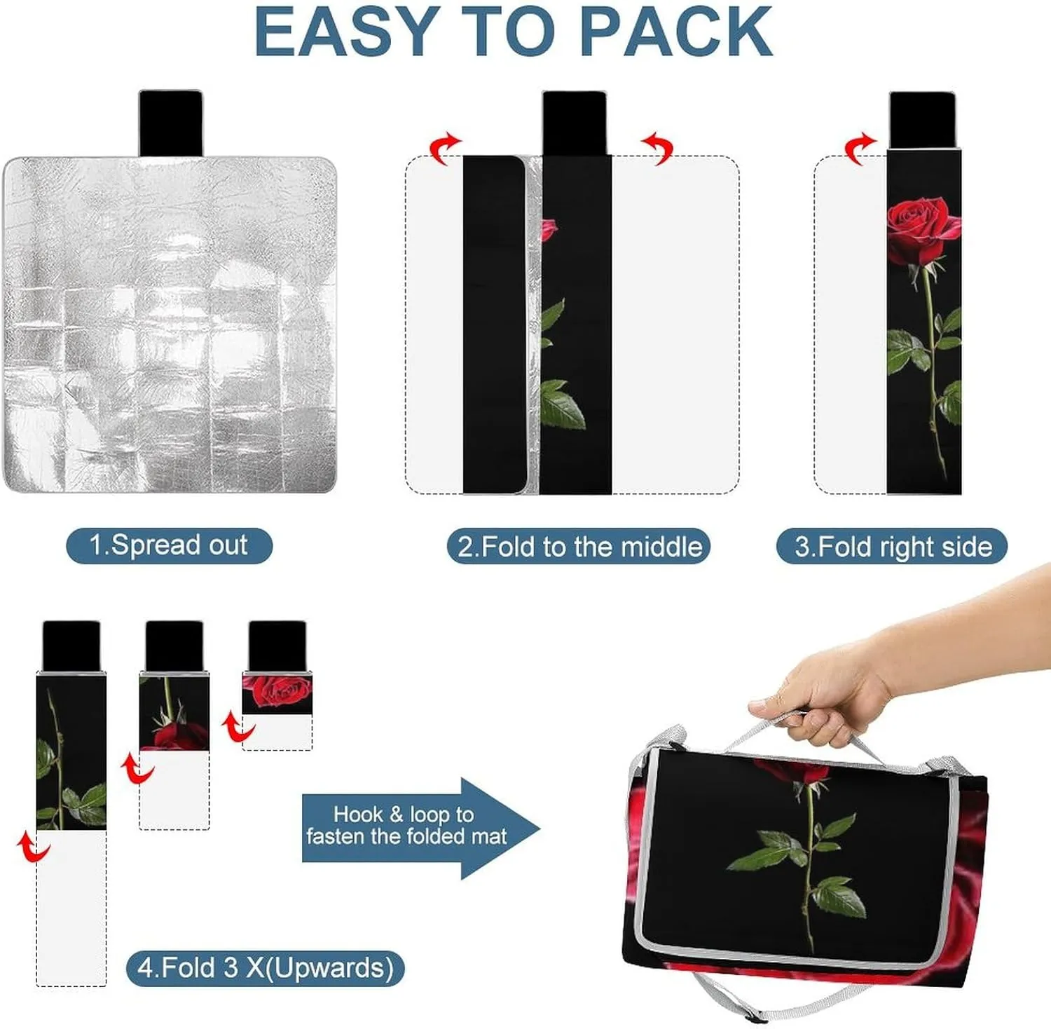 Waterproof Red Rose Flower Black Picnic Blanket with Strap, Foldable and Portable Mat for Indoor Family, Beach, Park, Travel, Camping
