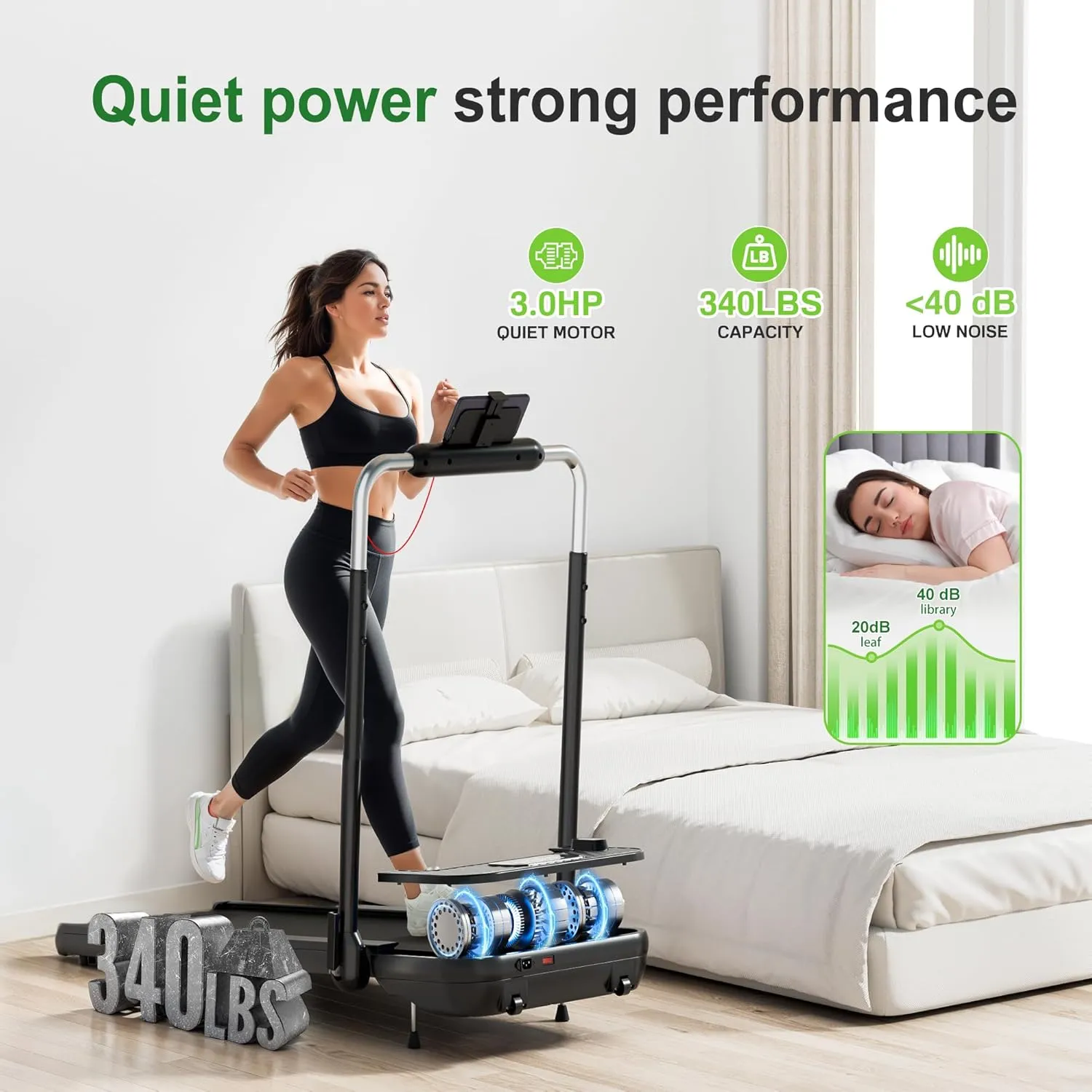 WELLFIT 10% Incline Foldable Walking Pad Treadmill with Cushioned Handle Bar for Home, 340 lbs Capacity, Wide Shock Absorbing Deck, 3.0HP Low Noise, for WELLFIT Voice Control/KINOMAP/Apple Health