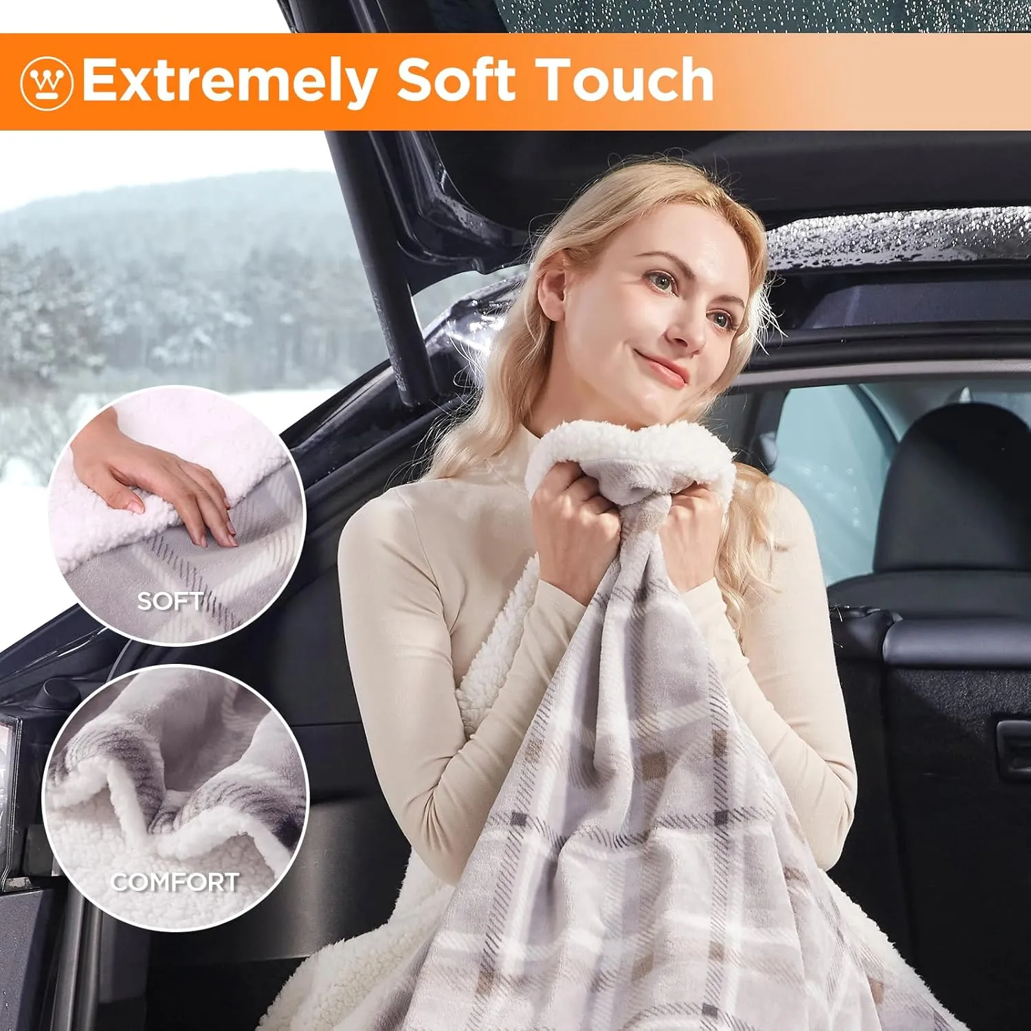 Westinghouse Heated Car Blanket, 12-Volt Electric Blanket for Car, Truck, SUV, RV, Portable Heated Throw for Camping, Beige Buffalo Plaid, 59" x 43”