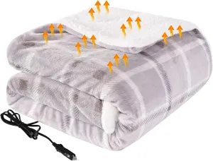 Westinghouse Heated Car Blanket, 12-Volt Electric Blanket for Car, Truck, SUV, RV, Portable Heated Throw for Camping, Beige Buffalo Plaid, 59" x 43”