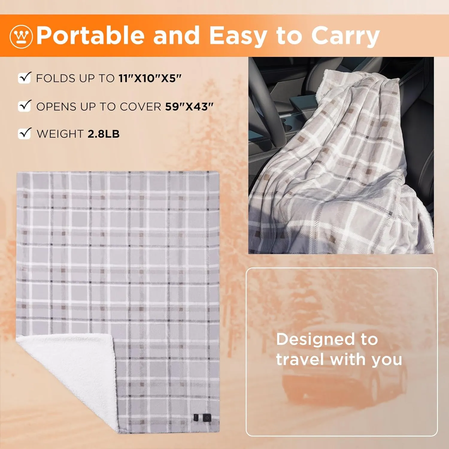 Westinghouse Heated Car Blanket, 12-Volt Electric Blanket for Car, Truck, SUV, RV, Portable Heated Throw for Camping, Beige Buffalo Plaid, 59" x 43”