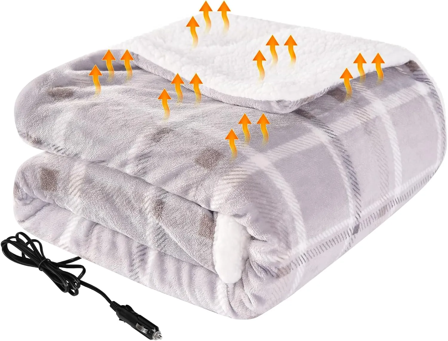 Westinghouse Heated Car Blanket, 12-Volt Electric Blanket for Car, Truck, SUV, RV, Portable Heated Throw for Camping, Beige Buffalo Plaid, 59" x 43”