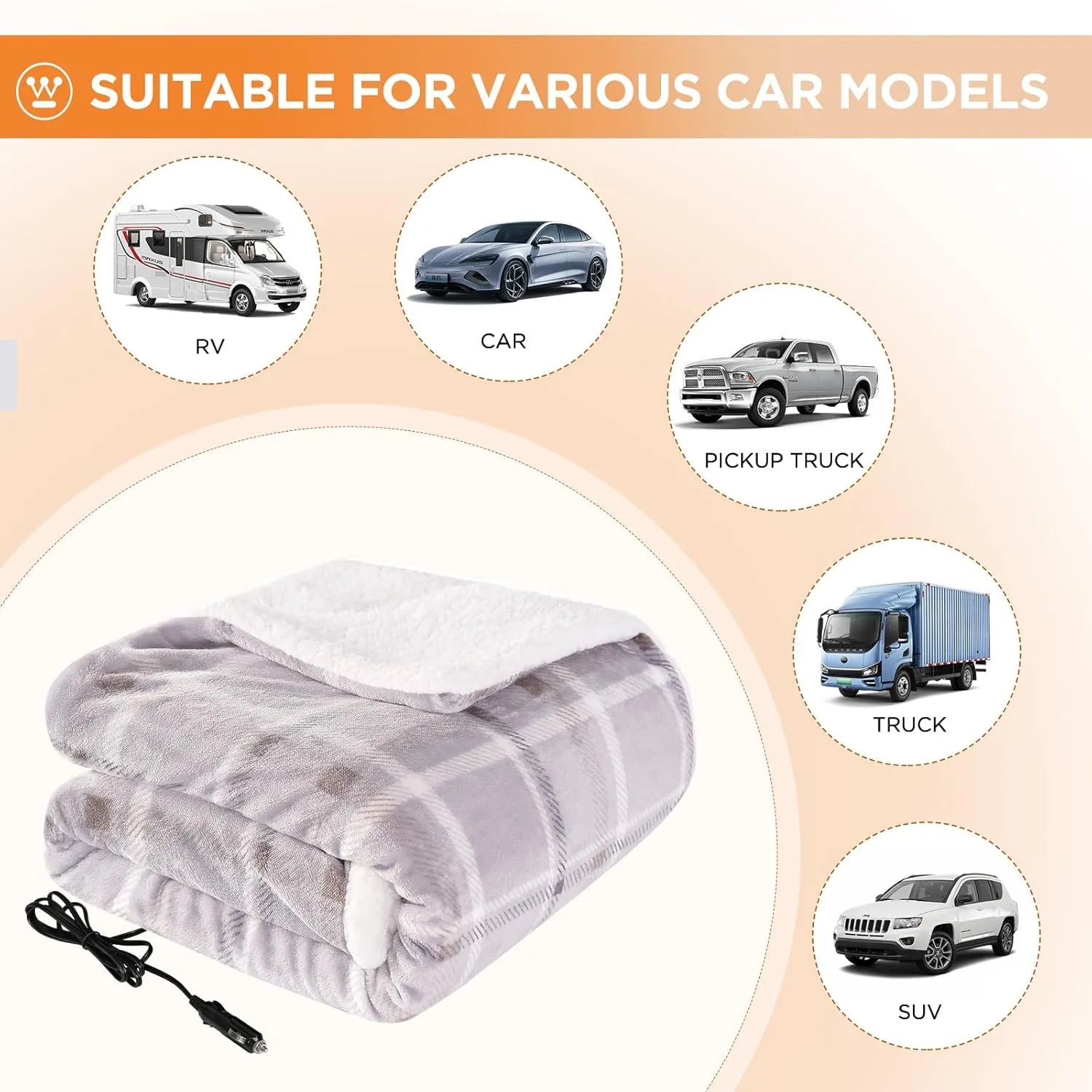 Westinghouse Heated Car Blanket, 12-Volt Electric Blanket for Car, Truck, SUV, RV, Portable Heated Throw for Camping, Beige Buffalo Plaid, 59" x 43”