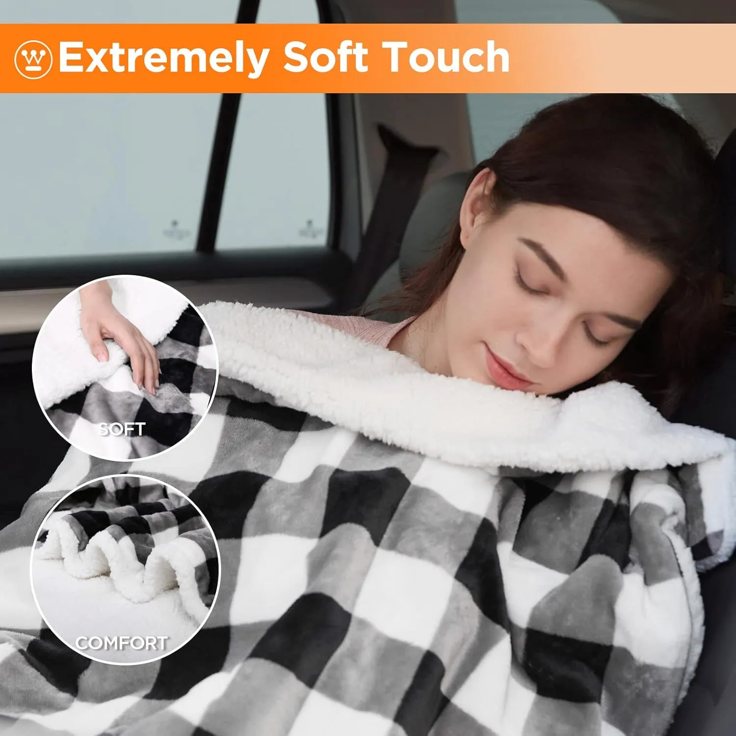 Westinghouse Heated Car Blanket, 12-Volt Electric Blanket for Car, Truck, SUV, RV, Portable Heated Throw for Camping, Grey Buffalo Plaid, 59" x 43”