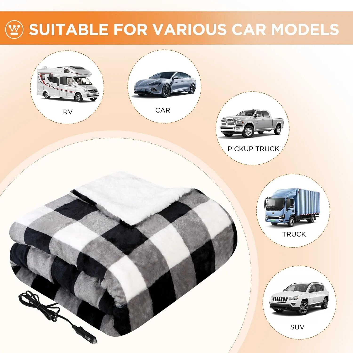 Westinghouse Heated Car Blanket, 12-Volt Electric Blanket for Car, Truck, SUV, RV, Portable Heated Throw for Camping, Grey Buffalo Plaid, 59" x 43”