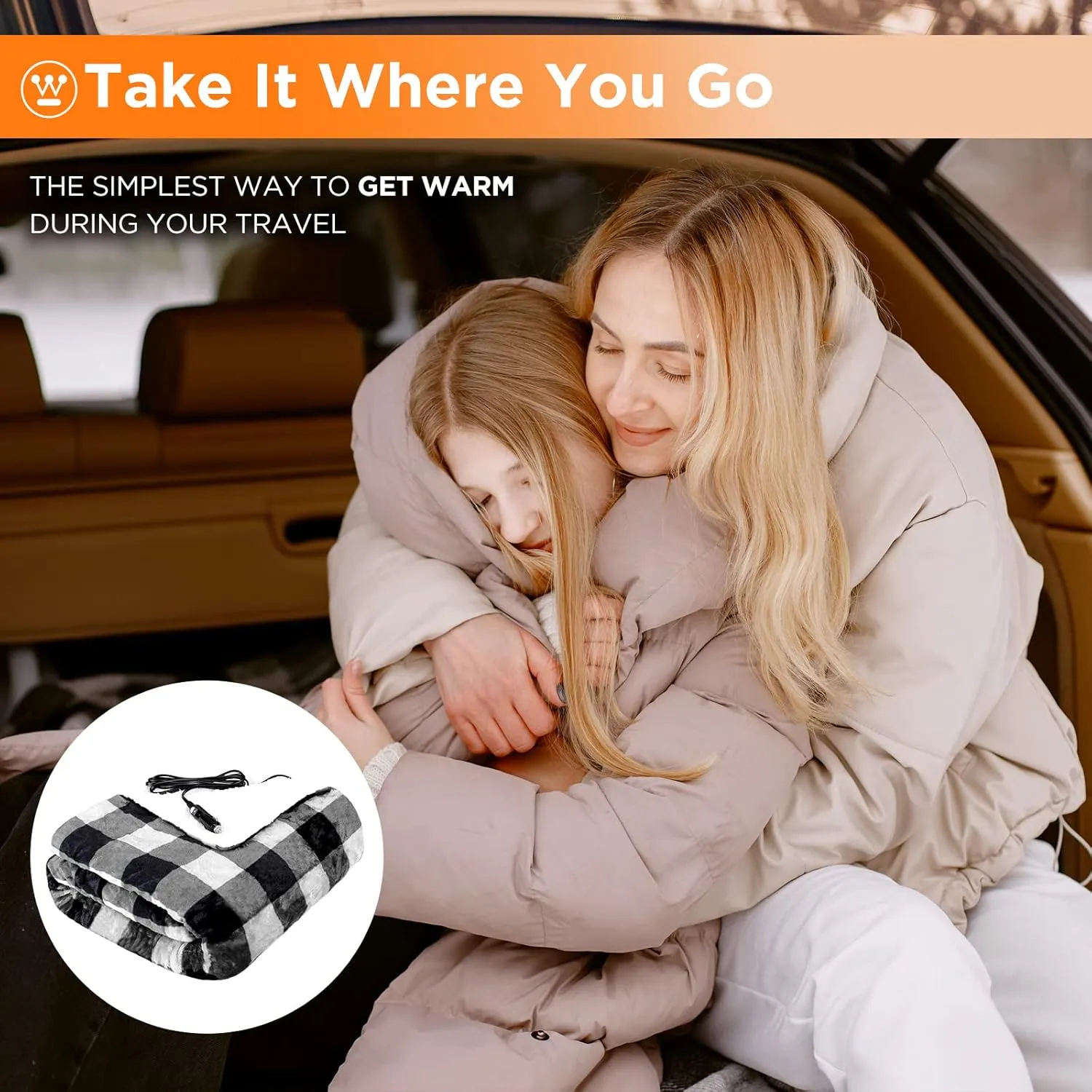 Westinghouse Heated Car Blanket, 12-Volt Electric Blanket for Car, Truck, SUV, RV, Portable Heated Throw for Camping, Grey Buffalo Plaid, 59" x 43”