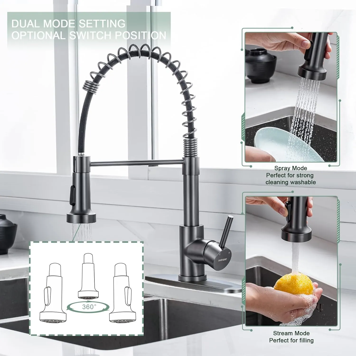 WEWE Black Stainless Kitchen Faucet, Faucet for Kitchen Sink with Pull Down Sprayer Gray Matte Gun Black Kitchen Faucet with Deck Plate Stainless Steel Farmhouse Commercial Single Handle Sink Faucet
