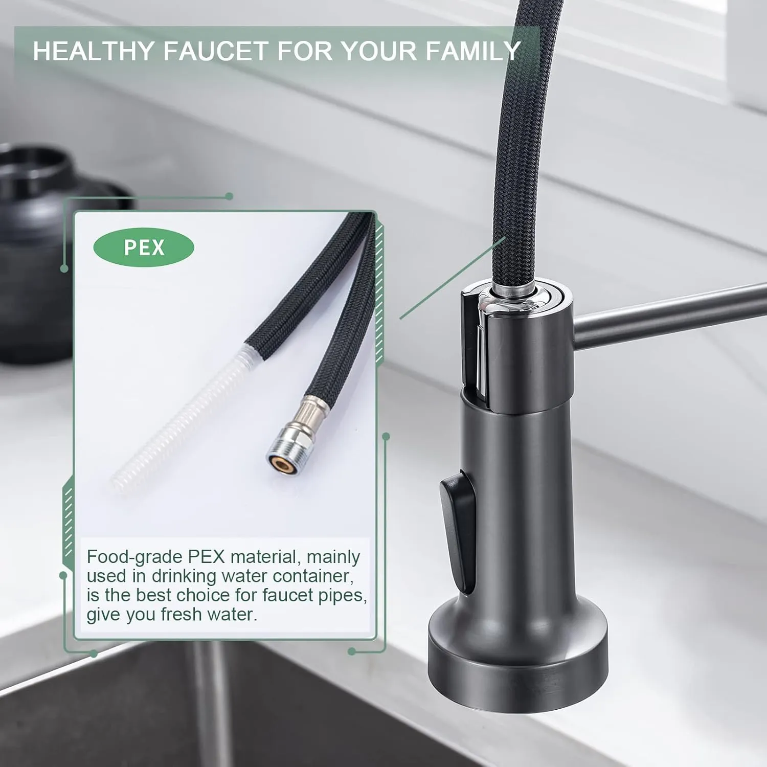 WEWE Black Stainless Kitchen Faucet, Faucet for Kitchen Sink with Pull Down Sprayer Gray Matte Gun Black Kitchen Faucet with Deck Plate Stainless Steel Farmhouse Commercial Single Handle Sink Faucet