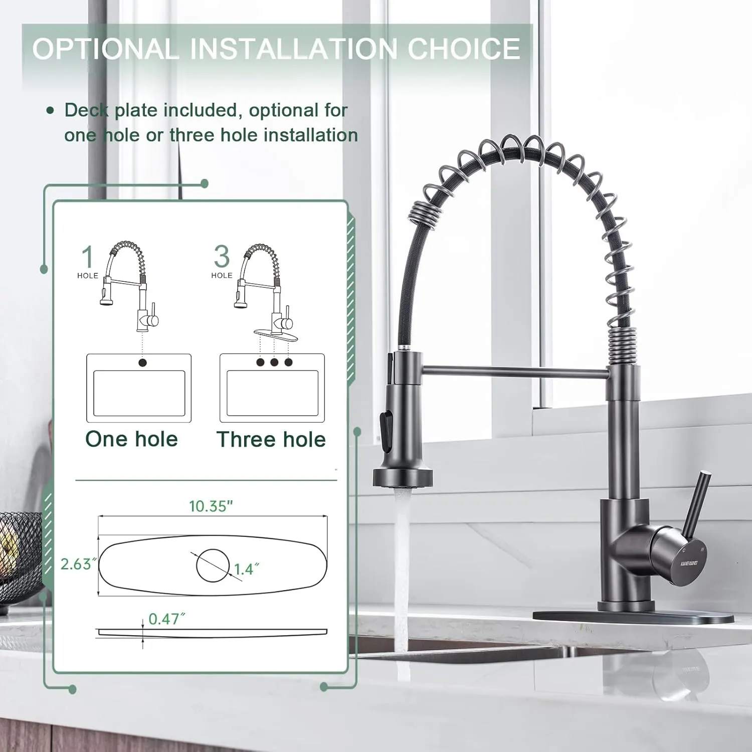 WEWE Black Stainless Kitchen Faucet, Faucet for Kitchen Sink with Pull Down Sprayer Gray Matte Gun Black Kitchen Faucet with Deck Plate Stainless Steel Farmhouse Commercial Single Handle Sink Faucet