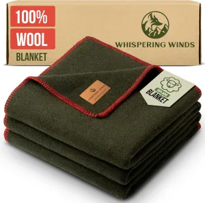 Whispering Winds 100% Wool Blanket, 60"x 84", Large Virgin Wool Throw, Thick, Soft, Warm Camping Blanket, Outdoor Bushcraft, Survival - Military Green